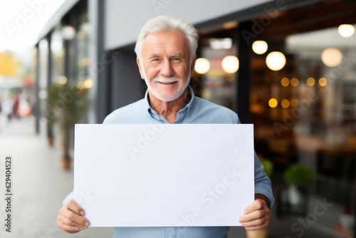 Happy mature senior man holding blank white banner sign, isolated studio portrait .