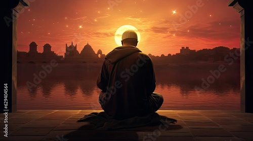 photograph of A Muslim man is facing the sunset and praying namaz or salah. Serene holy night background.