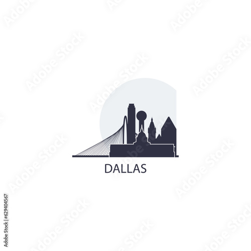 USA United States Dallas cityscape skyline capital city panorama vector flat modern logo icon. US Texas American state emblem idea with landmarks and building silhouettes at sunrise sunset