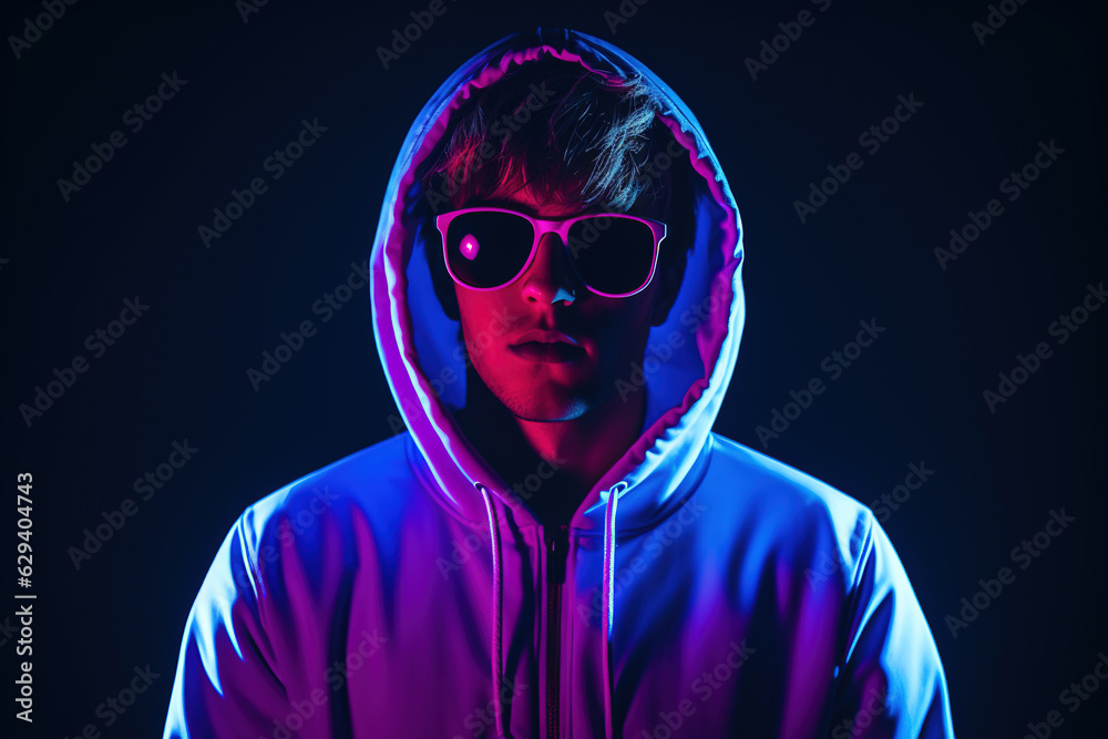Neon portrait of young man in round sunglasses and hoodie. Studio shot. Neon portrait of young man in round sunglasses and hoodie. Studio shot.