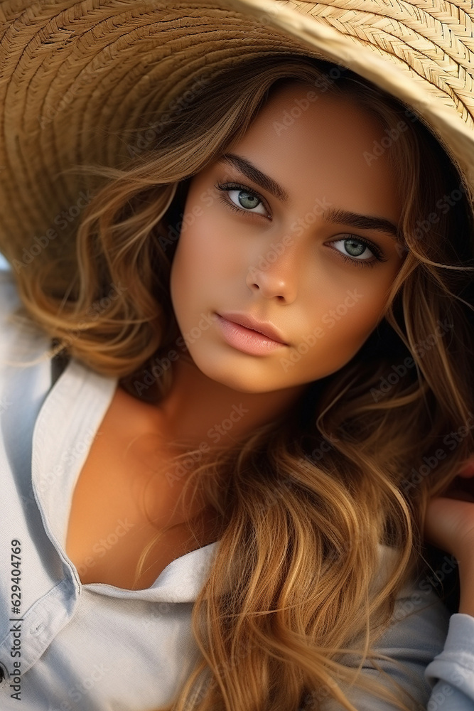 beautiful tanned girl who lies on a wheat field holding straw hat that covers her body, she looks at camera with serious face. beautiful tanned girl who lies on a wheat field holding straw hat that covers her body, she looks at camera with serious face.