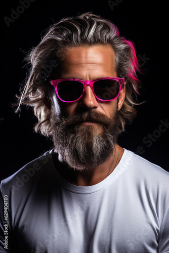 Neon light studio close-up portrait of serious man model with mustaches and beard in sunglasses and white t-shirt on dark studio background.