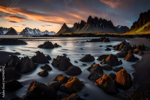 the sun rises over Stokksnes, Iceland, the Vestrahorn Mountains come alive in a breathtaking display of nature's grandeur generative ai technology 