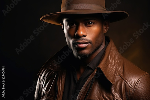 Portrait of a dark-skinned handsome man looking to the side. Dressed in a brown jacket and black hat. Portrait on black background.