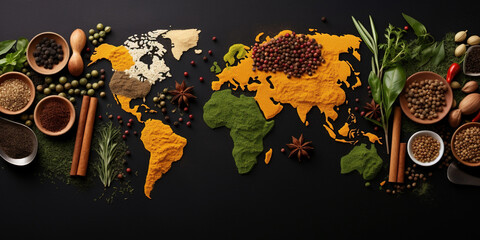 Spices and herbs around the world in the shape of a world map on a dark background. Top view. Creative photo banner.