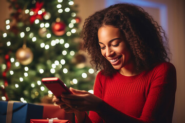 Young woman ordering gift during Christmas holiday at home using smartphone and credit card. Shopping online during holidays, internet banking, store online.