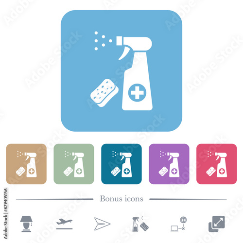 Disinfection spray and sponge flat icons on color rounded square backgrounds