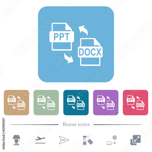 PPT DOCX file conversion flat icons on color rounded square backgrounds photo