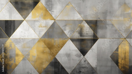 Dark grey and golden triangles on grunge wall background. Generative AI