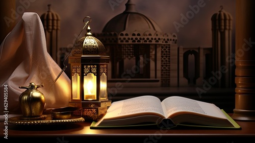 Lantern that have moon symbol on top and small plate of dates fruit with night sky and city bokeh light background for the Muslim feast of the holy month of Ramadan Kareem.generative ai