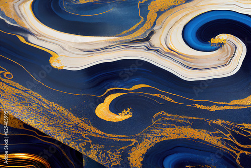 Blue and golden acrylic liquid ink swirl abstract background with ravishing turbulence wavy pattern and detailed texture. Luxury fluid liquid art by Generative AI.