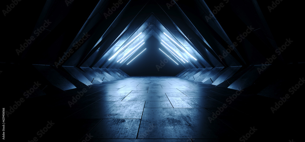 Triangle Sci Fi Futuristic Alien Spaceship Concrete Stone Cement Blue Cold Dark Glowing Corridor Tunnel Showroom Hangar Underground Hallway Basement 3D Rendering
