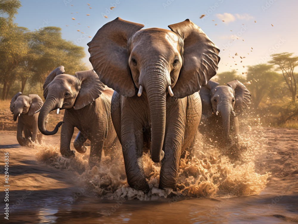elephants at a watering hole, playfully spraying mud on their backs to cool off and protect their skin from the sun