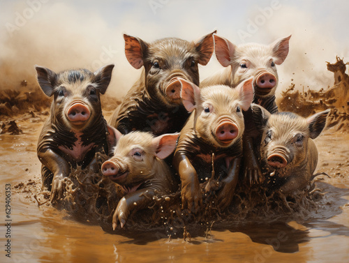 group of adorable pigs rolling and splashing in a mud puddle, showcasing their natural inclination for playful behavior and love for mud baths