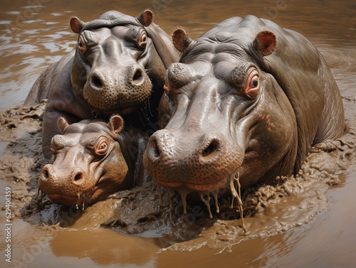 family of hippos submerged in muddy water, showcasing their playful interactions and their unique affinity for mud as a form of protection © siripimon2525