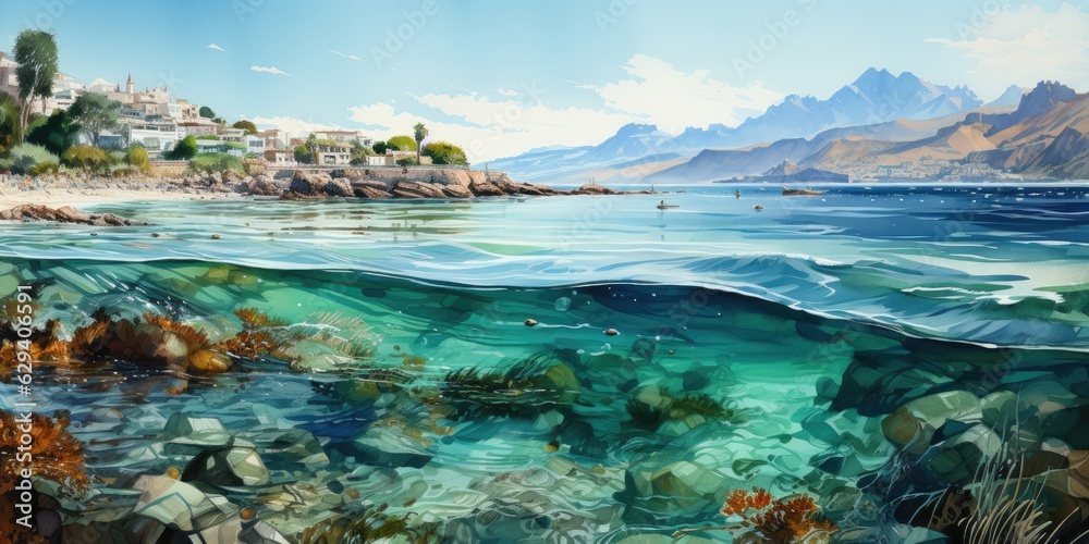 illustration of landscape with underwater part, generative AI illustration of landscape with underwater part, generative AI