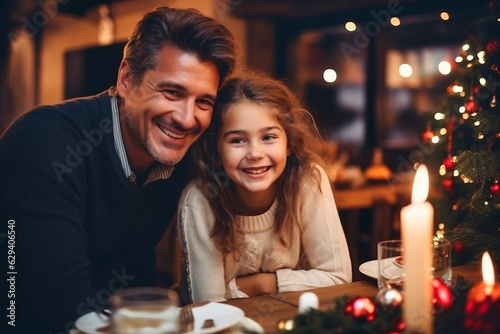 Winter holidays and people concept - father with daughter at the table celebrates christmas and new year. Home holiday. Blurred background. Selective focus.