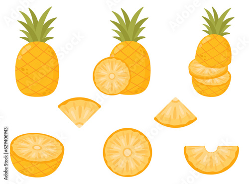 Pineapple set. Whole pineapple and slices isolated on a white background. Pineapple colorful icon. Summer fruits for healthy lifestyle. Organic fruit. Cartoon style. Vector illustration.