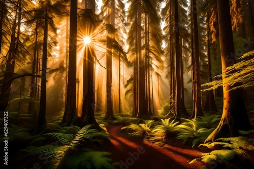 At the crack of dawn  the ancient forest landmark awakens to the soft golden rays of the sunrise generative ai technology 