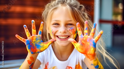 little happy girl shows her hands drawn with different colored paint  made with Generative AI