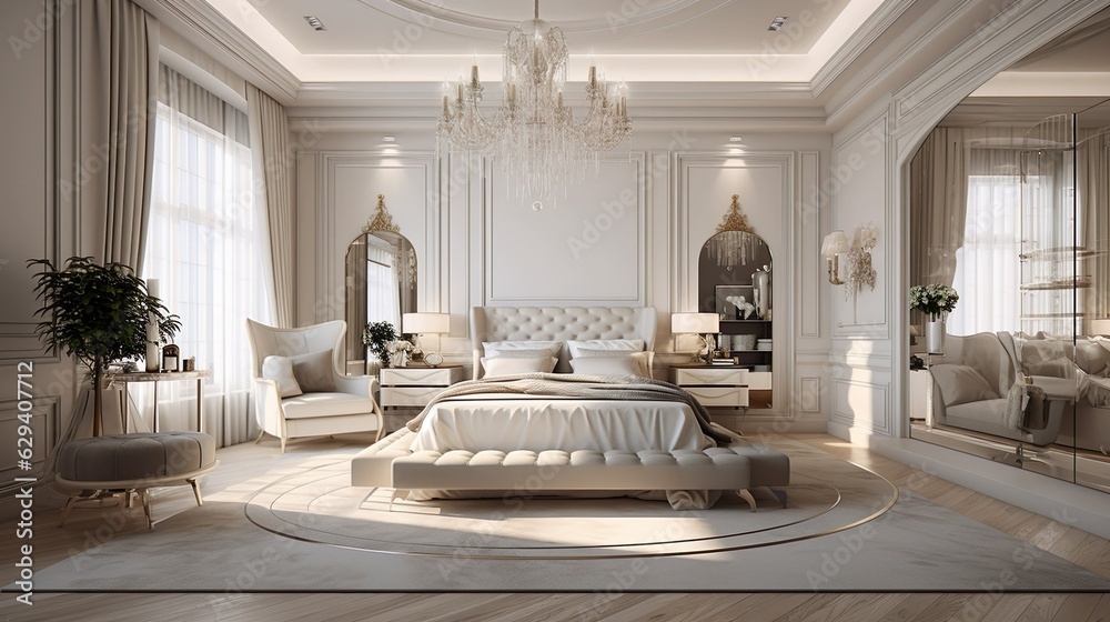 White toned luxurious bedroom interior and chandelier. Generative AI