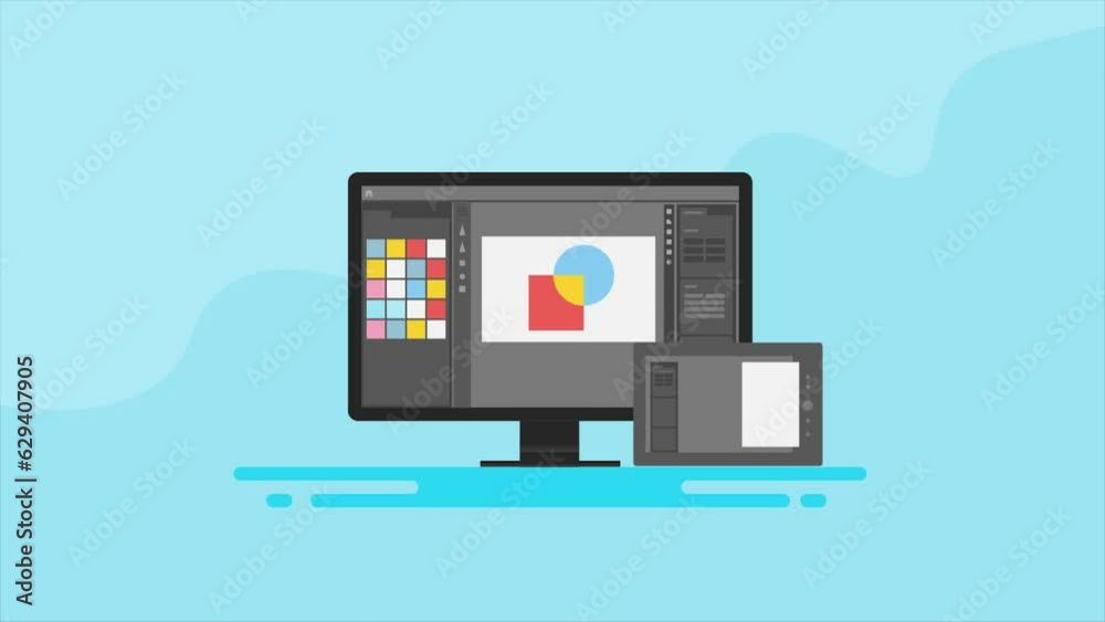 Image editing software interface on computer and tablet screen, graphic design and illustration, digital content creation app conceptual video animation.