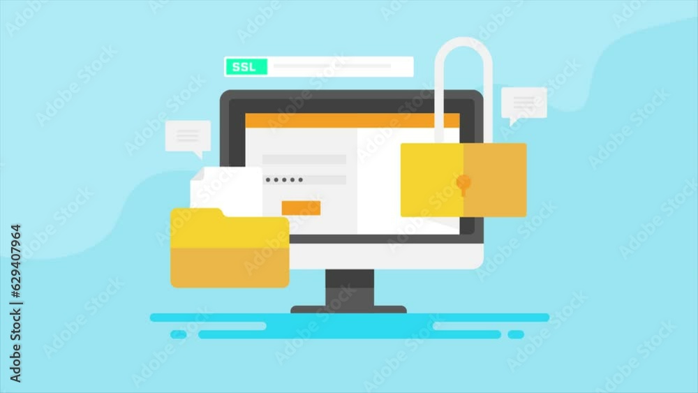 Cyber security, SSL certificate - Protecting website database from cyberattack, https browser connection. Computer with login panel and lock, video animation.