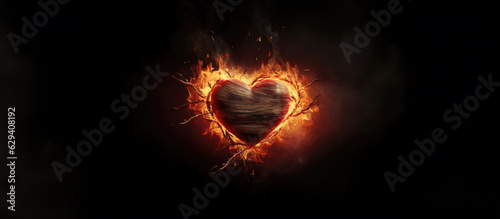 The Sacred Heart, a burning heart on a black background with copy space © Faith Stock