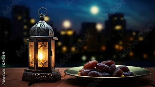 Lantern that have moon symbol on top and small plate of dates fruit with night sky and city bokeh light background for the Muslim feast of the holy month of Ramadan Kareem.generative ai