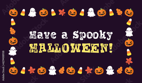 Cute Halloween card frame template. Rectangle Halloween border design with cartoon ghost, jack o lantern, pumpkins, candy corn. Social media banner vector illustration