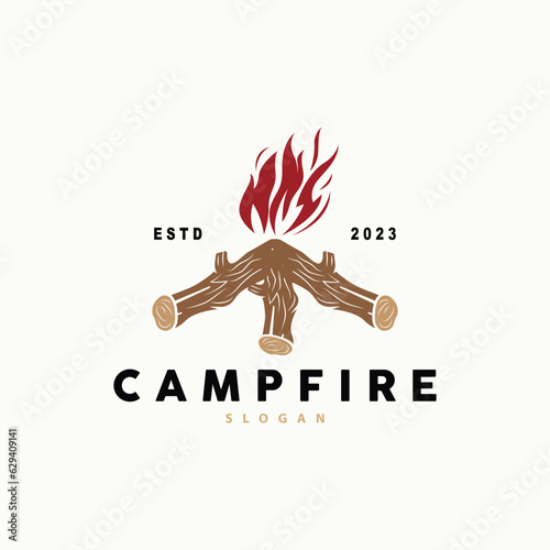 Campfire Logo Design, Bonfire Vector, Adventure Camp Outdoor Wood Flame Vintage Retro Illustration