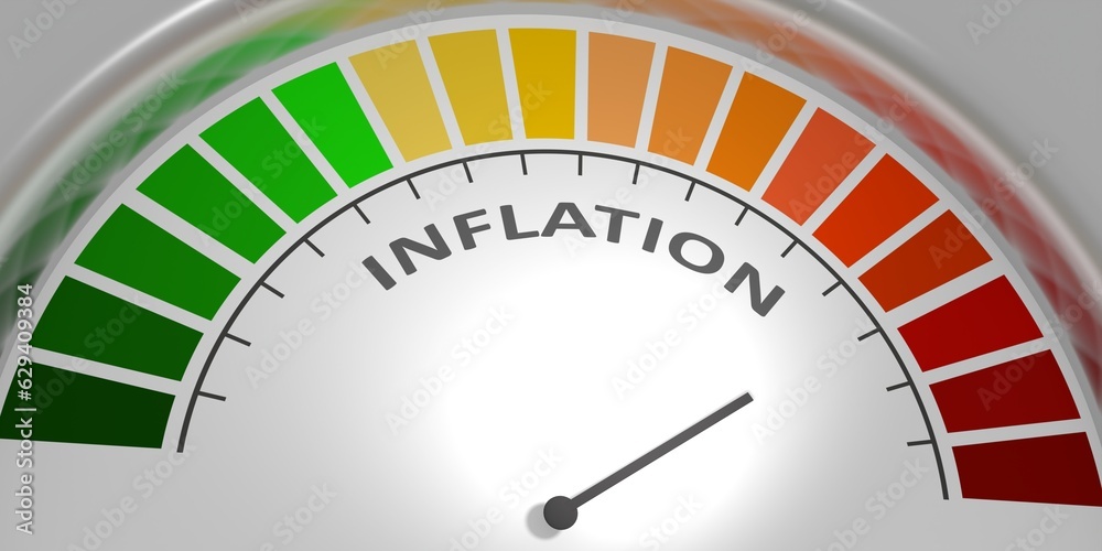 Inflation level on measure scale. Instrument scale with arrow. Inflationary financial crisis. Colorful infographic gauge element. 3D render Inflation level on measure scale. Instrument scale with arrow. Inflationary financial crisis. Colorful infographic gauge element. 3D render
