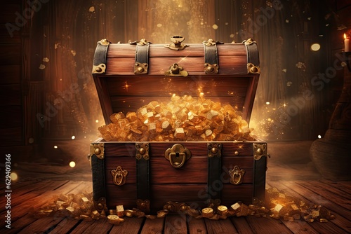 Opened vintage treasure chest with mystical lights on wooden background. Generative AI image