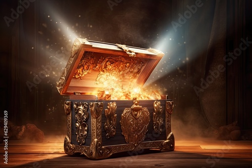 Opened vintage treasure chest with mystical lights on wooden background. Generative AI image photo