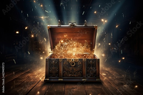 Opened vintage treasure chest with mystical lights on wooden background. Generative AI image