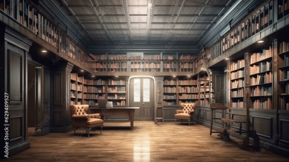 Large library with many books and bookshelves for learning with knowledge. AI generated