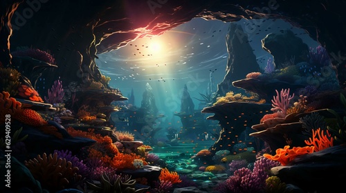 Underwater world with fish and corals. Underwater view of mari fishes and plants. AI generated © Aliaksandra