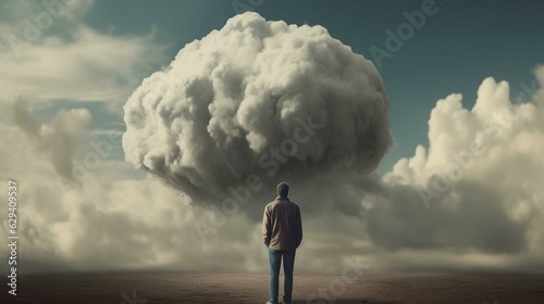 A man stands in front of a large dusty cloud after an explosion in the desert. AI generated © Aliaksandra