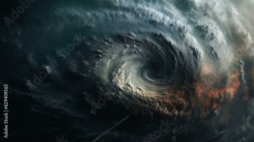 View from space from above on a hurricane tornado swirl of clouds and wind  a storm front of bad weather and natural disaster. AI generated