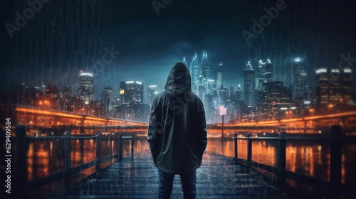 Hacker computer cybercriminal criminal with a jacket and a hood on the background of a big city at night. Concept computer data security. AI generated
