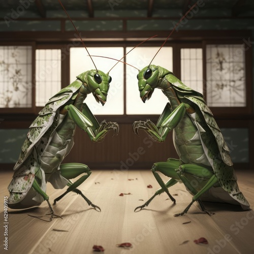 Two praying mantis fighting on the tatami mat