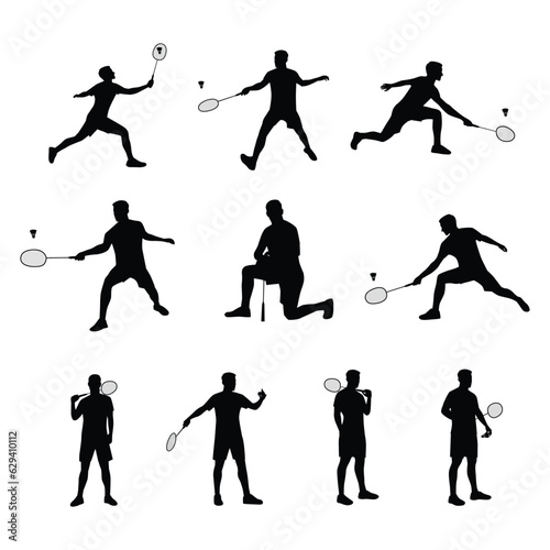 Young sport man athlete are playing badminton cartoon set isolated on white. Flat vector illustration isolated on white background