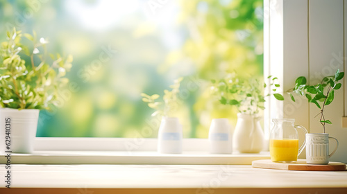  Selective focus.cozy counter bar kitchen wall and window with lemon drink.ai generated images