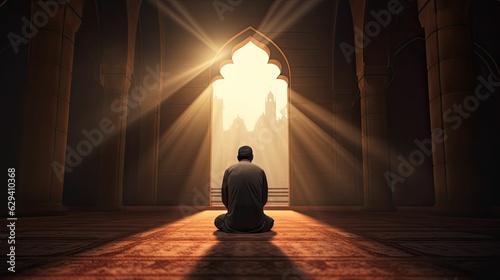 Muslim man is praying in the mosque, generative ai