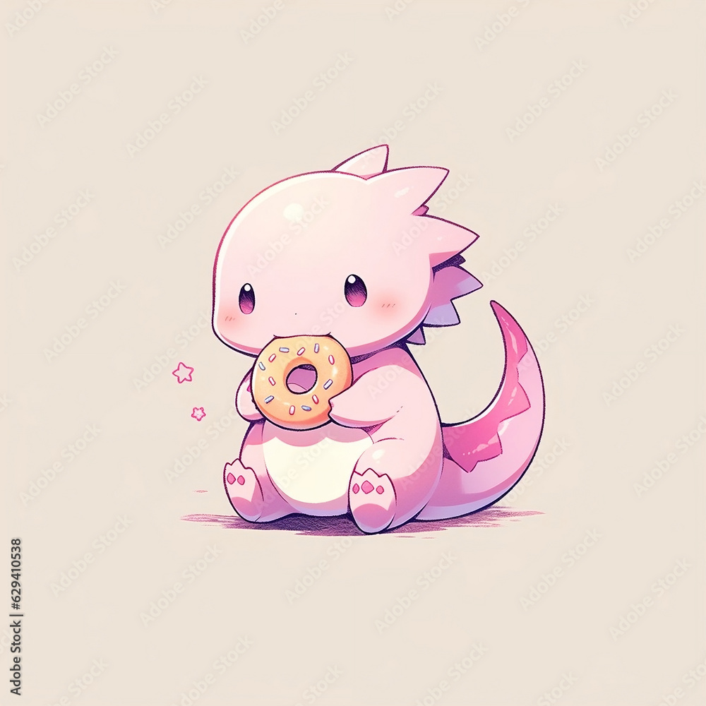 Axolotl eat doughnut animal chibi cartoon style isolated plain background Axolotl eat doughnut animal chibi cartoon style isolated plain background