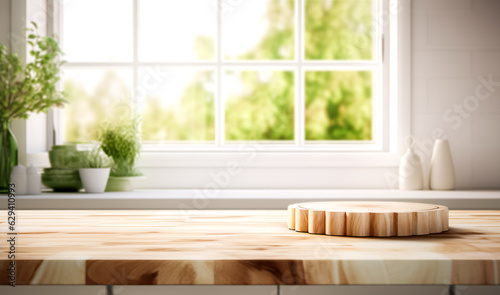 Selective focus.Wood desk counter bar in cozy kitchen and chopping board with window green garden view.food and drink background.ai generated images