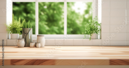 Selective focus.Wood desk counter bar in cozy kitchen with window green garden view.food and drink background.ai generated images