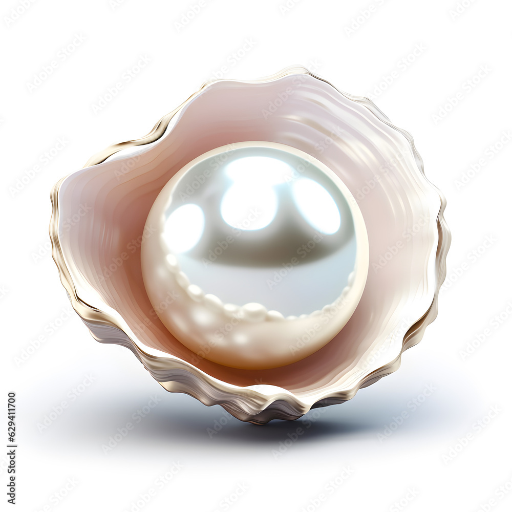 A beige colored pearl lies in a mother-of-pearl shell