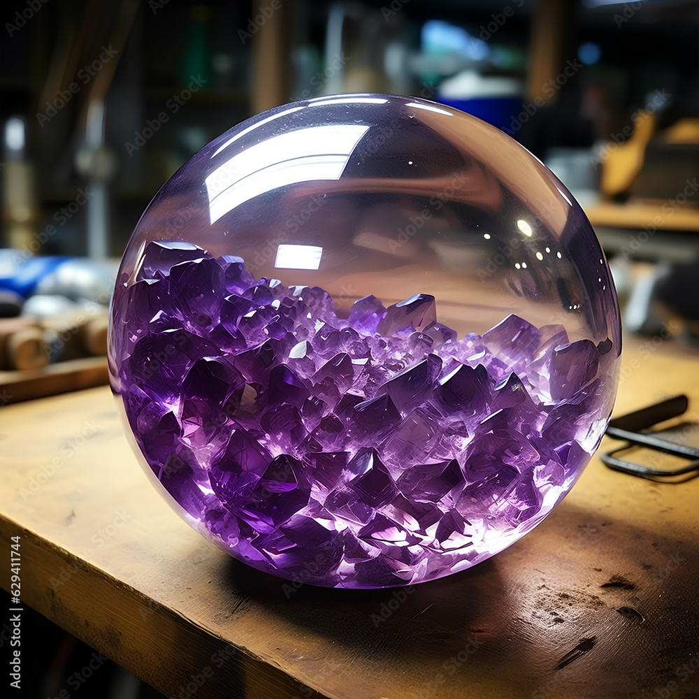 A transparent crystal ball with amethyst crystals inside