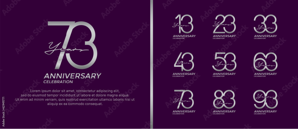 set of anniversary logo silver color on purple background for celebration moment